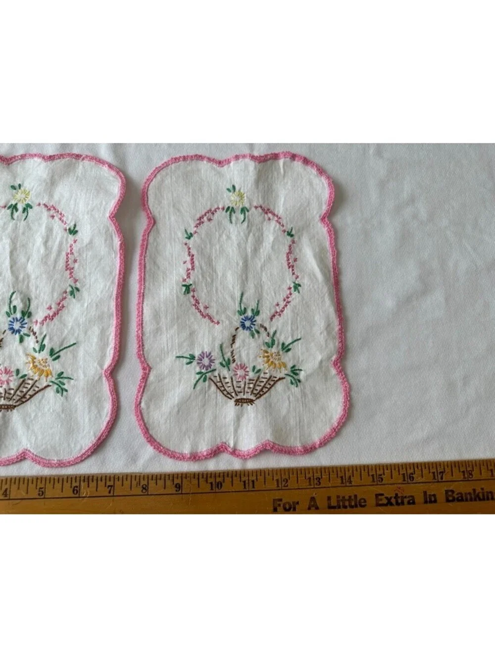 Vintage Hand Embroidered Dresser Lot Pink Flowers Basket Floral Leaves Green